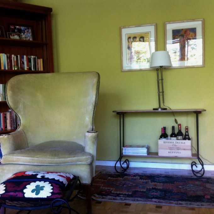 This chartreuse vintage armchair was the color inspiration for the room. I spotted it in my friend's basement when I was 18 and his mom said "Oh that? You can have it." I've loved it ever since. 