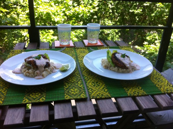 A lovely balcony lunch of lentil burgers and mashed cauliflower. 